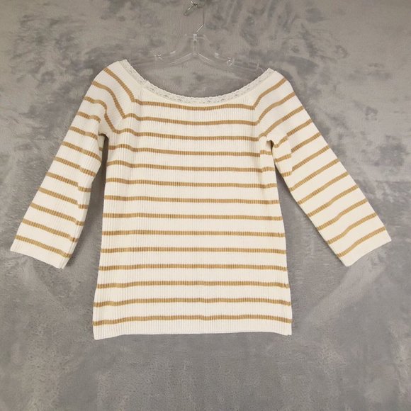 Vanity Womens Sweater Knit Pullover Striped 3/4 Sleeve Lace Collar Beige Brown M - Picture 2 of 9